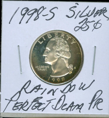 1998 S SILVER QUARTER PERFECT ULTRA FINEST PROOF DCAM RAINBOW     90 CENTS SHIP - Image 1 of 2