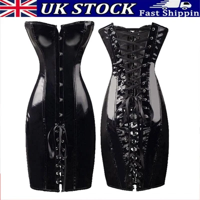 Sexy Women PVC Basque Lace Up Dress Bodycon Boned Corset Costume Shaper Dress - Image 1 of 4