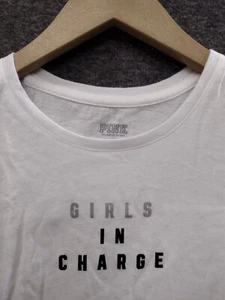 PINK Victoria Secret Crop Tank-Top Logo Girls In Charge Sleeveless White Small - Picture 1 of 10