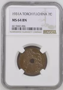 French Indo-China 1 Cent 1931 Torch, NGC MS64 BN - Picture 1 of 4