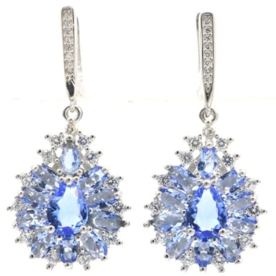 Pendientes de plata de ley 925 real de lujo de 10 g de tanzanita violeta blanca circonita cúbica 40 x 18 mm Foto 1 de 3