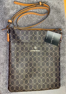 NANETTE LEPORE Mattie Double Zip Crossbody Chocolate Logo Vegan Leather NWT - Picture 1 of 8