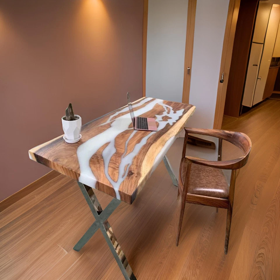 White Epoxy Resin Study Table Made to Order Wooden Dining Tabletop with Iron Leg - Image 1 of 4