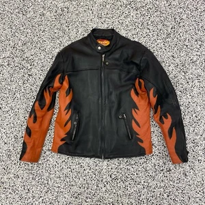 Vintage Leather Jacket Mens 46 Black Biker Motorcycle Flames - Picture 1 of 7