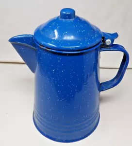 Vintage Blue w/White Speckles Enamelware Hinge Top Kettle Coffee Pot 9" Tall - Picture 1 of 6