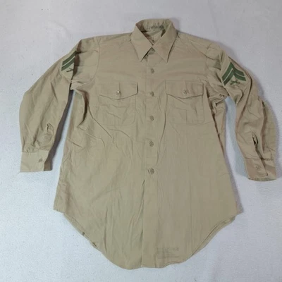 Vintage USMC Dress Shirt Mens 15x31 Khaki Uniform Long Sleeve Lance Corporal 70s - Image 1 of 4