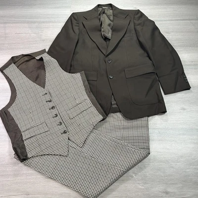Terno Botany 500 3 Peças Masculino 38R Marrom Houndstooth Jaqueta Colete Calça Clássica - Imagem 1 de 4