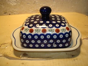 Boleslawiec Polish Pottery Butter Dish With Lid Blue Dots Dome top - Picture 1 of 10
