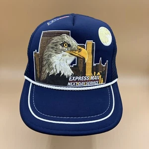 Vintage Corded Blue Trucker Hat Cap USPS Express Mail Eagle Cityscape - Picture 1 of 7