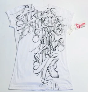 FAMOUS STARS AND STRAPS Women’s White Spell Out T-Shirt Travis Barker SZ Large - Picture 1 of 6