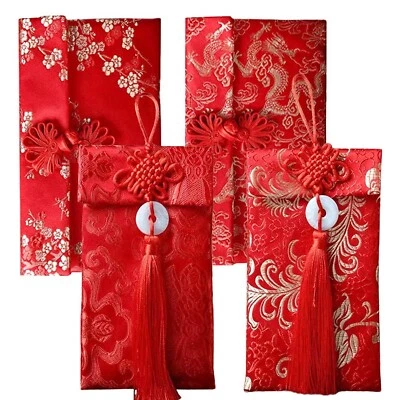 4 Piezas Sobres Rojo Seda Bolsillos para Dinero de la Suerte Hongbao Elemento Chino Invitati... Foto 1 de 4
