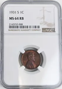 NGC MS-64 RB 1931-S Lincoln Cent, Blazing, Red-Brown, Key-Date! SEE PHOTOS! - Picture 1 of 2