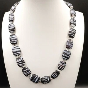 Black White Zebra Stripe Necklace Frosted Matt Glass Beads Adjustable Boho Swirl - Picture 1 of 11