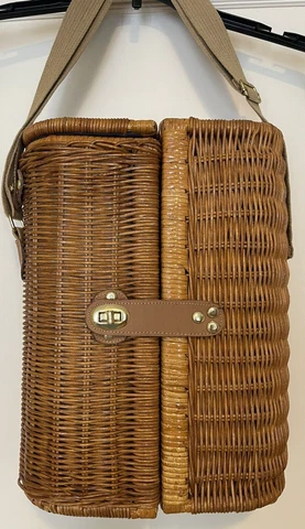 Wicker Wine Picnic Basket Carrying Case W/Pewter Cork & Napkins Cover