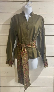 Spirit Coldwater Creek 10 Olive Green Red Orange Embroidered Tie Front Blouse - Picture 1 of 6