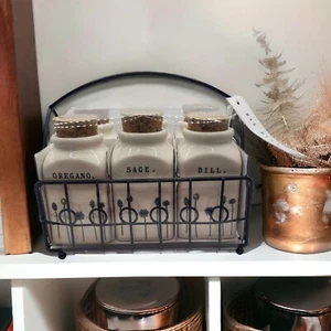 Rae Dunn By Magenta Spice Jars in Metal Holder 6 Jars Cork Stopper New - Picture 1 of 8