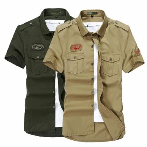 Luxury Mens Short Sleeves Shirts Army Casual Air Force Slim Fit Pockets Shirts - Picture 1 of 8