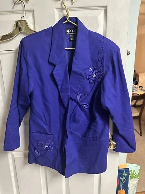 Chaqueta Blazer 2 VNT Adolfo Mezcla Lino Púrpura Años 90 Bolsillos Delanteros Cuentas Amarilla Foto 1 de 4