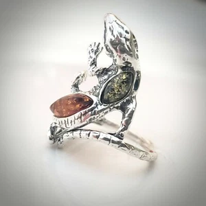 Sterling Silver Gecko Lizard Ring with Genuine Baltic Amber Adjustable size - Picture 1 of 5