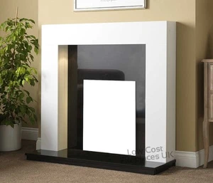 GAS ELECTRIC WHITE BLACK GRANITE MARBLE SURROUND MODERN FIRE FIREPLACE SUITE 54" - Picture 1 of 2