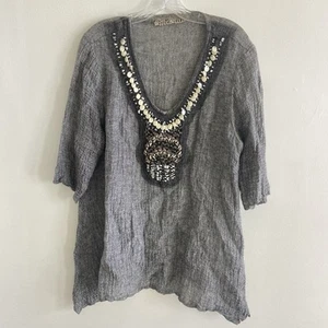 Marilu Leinen Art To Wear Tunika Top Perlen Grau M - Bild 1 von 10