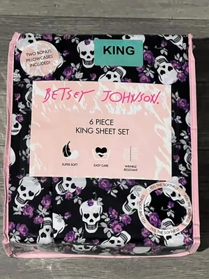 BETSEY JOHNSON KING Negro Blanco Púrpura Calavera Floral Halloween Juego de Sábanas 6 piezas Nuevo Foto 1 de 4