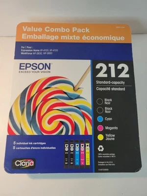 Epson 212 Ink Cartridge 5 Pack Black Color Cyan Magenta Yellow Expires 2/2024 - Image 1 of 4