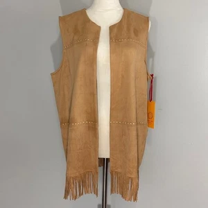 Ruby Rd NWT Toffee Studded Long Faux Suede Boho Festival Fringe Vest Petite Sz L - Picture 1 of 5