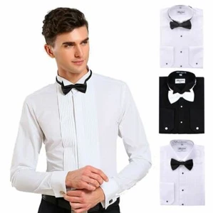 BERLIONI MEN'S LONG SLEEVE TUXEDO DRESS SHIRT FRENCH CONVERTIBLE CUFFS BOW TIE - Picture 1 of 5