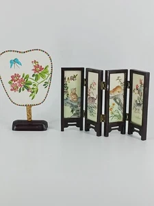 Mini Shoji and Tabletop Hand Painted Silk Fan - Vintage - Picture 1 of 5