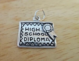 Sterling Silver 15x17mm says High School Diploma & Ribbon Graduation Charm - Picture 1 of 4