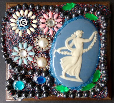 Ceramic Woman Wood Plaque Collage Art Jewel Bead Sand Glitter Mini Signed 3D 1/1 - Image 1 of 4