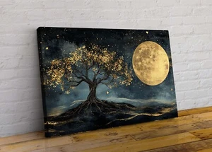 Large Tree of Life Gold Moon Style Abstract Canvas Wall Art Picture Print Decor - Picture 1 of 2