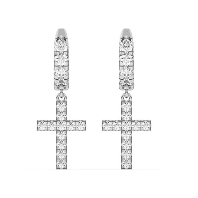 Aretes tipo argolla colgantes cruzados para hombre con acabado de oro blanco de 14K de diamantes creados en laboratorio Foto 1 de 3