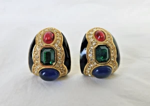 CINER Jewels Of India Moghul Emerald Ruby Sapphire Glass Earrings Signed - Picture 1 of 8