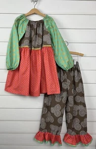 Girls LA JENNS Boutique Sz 8 Top Pants Outfit Set Ruffle Hem Pink Brown Aqua - Picture 1 of 7