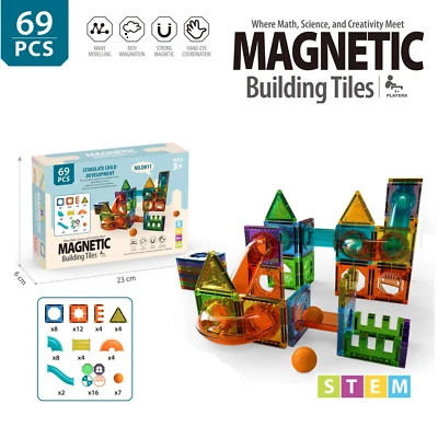 69PC Magnetic Building Tiles Magna Construction Blocks Puzzle 3D Cars Train - Image 1 of 4