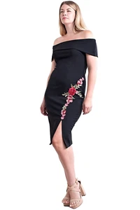 Vestido Talla Grande Negro Hombro Descubierto Elegante Vestido con Bordado de Rosas Rojas - Imagen 1 de 5