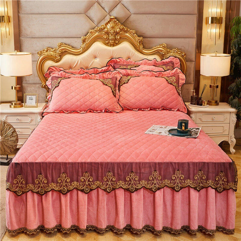 Velvet Bedspread Lace Quilted Drop Bed Skirt King Queen Fitted Sheet Pillowcases - Image 1 of 4