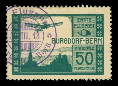 SWITZERLAND 1913 AIRMAIL Pioneer Flight Burgdorf-Bern 50c green Zumstein IV used - Image 1 of 2