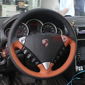 Black&Brown Leather Steering Wheel Hand-stitch on Cover For Porsche Cayenne 07+ - Picture 1 of 9