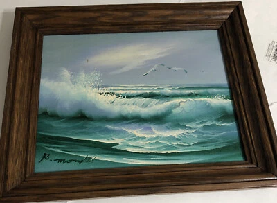 Birds Over The Ocean Oil Painting with Deep Wooden Frame Vintage Nautical, Decor - Image 1 of 3