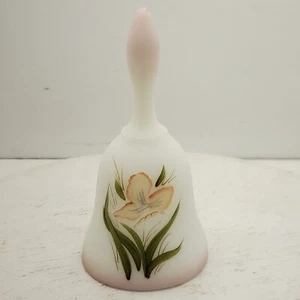 Signed Fenton Handpainted Satin Glass Bell With Yellow Flower - Picture 1 of 7