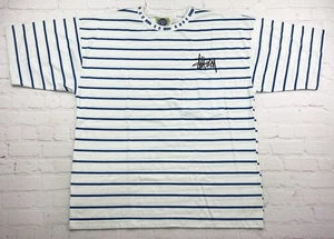 NEW Vintage WEEDS T-Shirt Mens XL White Striped Embroidered STUSSY Skater Surfer - Picture 1 of 11