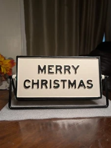 White Merry Christmas Happy New Year Metal Rotating Tabletop Holiday Sign - Picture 1 of 9