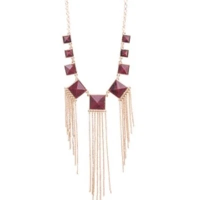 Punch NYC Necklace Bib Adjustable Red Stones Gold Fringe Statement 22-25” - Image 1 of 3