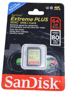SanDisk Extreme Plus 64GB SDXC UHS-I Card 80MB/s Class 10 4K Ultra HD New Sealed - Picture 1 of 6