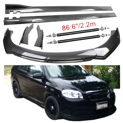 For Chevrolet Aveo Carbon Fiber Front Bumper Lip Spoiler 86.6" Side Skirt Kit Foto 1 de 4