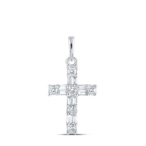 10kt White Gold Womens Baguette Diamond Cross Pendant 1/6 Cttw - Picture 1 of 1