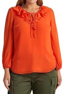 Neu Lauren Ralph Lauren Vivid Tangerine Crinkle Georgette Damenbluse XL - Bild 1 von 2